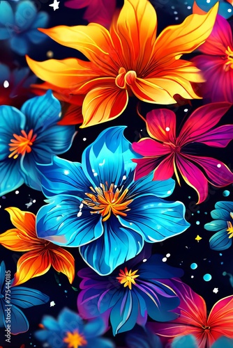 Bright colors of flowers pop out against black background, enhancing their beauty, making them focal point of image. For interior design, decoration, advertising, web design, as illustration for book.
