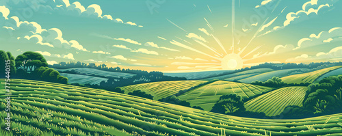 Rural landscape with hills and meadows. Engraving graphic style. Spring sunny field with grass and flowers. Farming, harvest, vineyard concept. Retro illustration for background, poster, banner, card