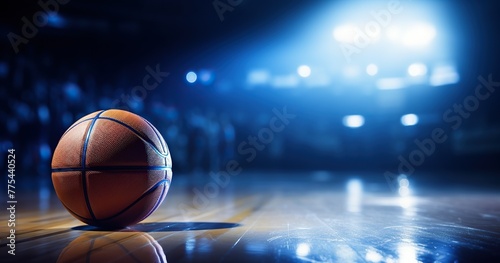 basketball ball on a floor of basketball arena, low angle, dim lights, dark blue atmosphere, immensely detailed, hyper realistic, photorealism