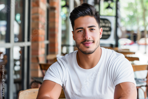 Portrait of handsome young latin man wearing white tshirt sitting at outdoor cafe, friendly smile