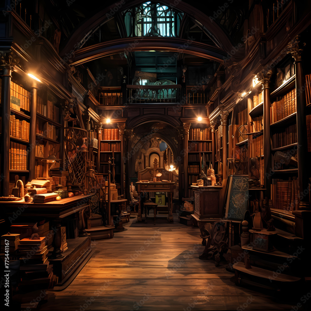 Old bookshop with dusty shelves and dim lighting.  - obrazy, fototapety, plakaty 