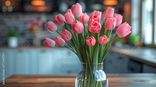   A vase brimming with pink tulips resting on a wood table near the kitchen © Olga