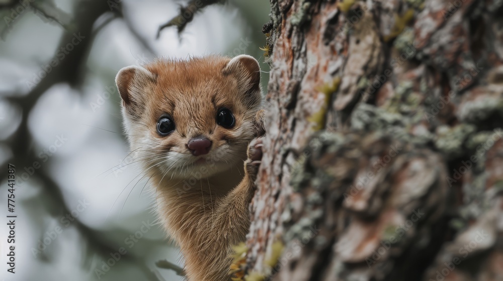    a small animal on the branch of a tree with a blurred sky in the background