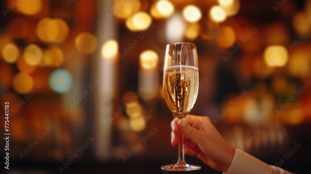 Closeup of hand holding glass of champagne or sparkling wine Closeup of hand holding glass of champagne or sparkling wine