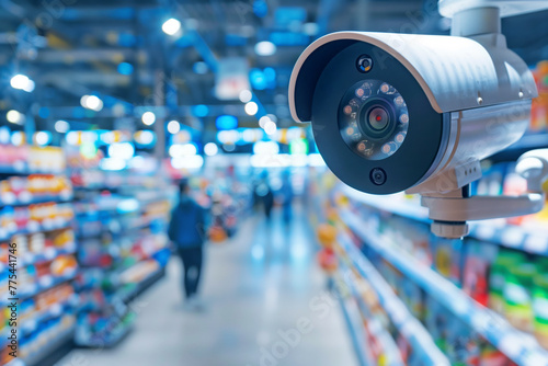 Close up of security camera monitoring an aisle in a supermarket