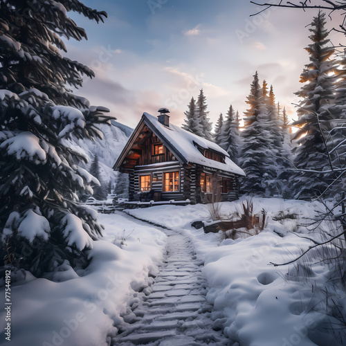 Rustic wooden cabin in a snowy landscape. © Cao