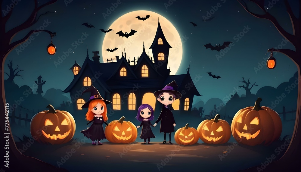 Halloween background featuring children in costumes and witches flying on broomsticks

