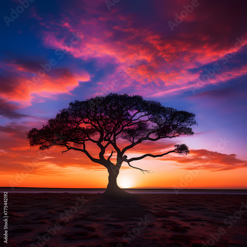 Silhouette of a lone tree against a vibrant sunset