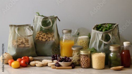 Fabric shopping bags and glass food storage containers on a natural stone kitchen table background, demonstrating a sustainable approach to shopping and storage, no text, no writing, no advertising -