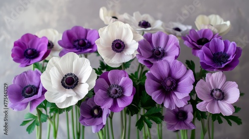  A group of purple and white flowers is displayed in a clear vase on a gray table, against a gray backdrop