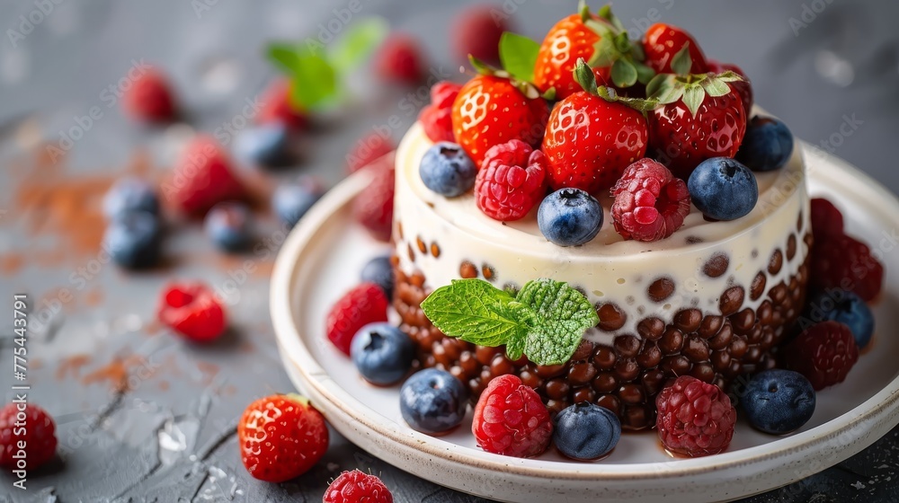A clear close-up picture of a cake with fresh berries and mint leaves beautifully adorning its surface, while the rest of the cake is visible on the plate A clear close-up picture of a cake with fresh berries and mint leaves beautifully adorning its surface, while the rest of the cake is visible on the plate