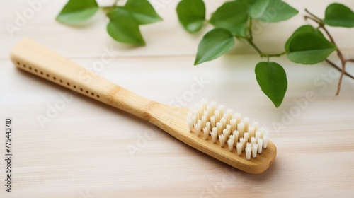 Bamboo toothbrush and natural loofah on a light wood background  emphasizing the simplicity and environmental friendliness of personal care  no text  no inscriptions  no advertising --ar 16 9 -