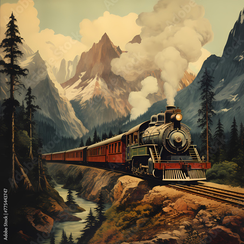 Vintage train traveling through a mountain pass. 
