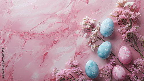 Stylish easter eggs and spring flowers border on pink marble textured flat lay, space for text. Modern natural dyed blue and marble easter eggs. Happy Easter
