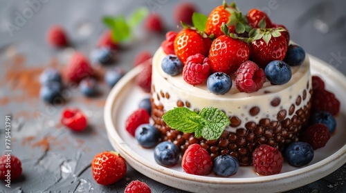  A clear close-up picture of a cake with fresh berries and mint leaves beautifully adorning its surface, while the rest of the cake is visible on the plate