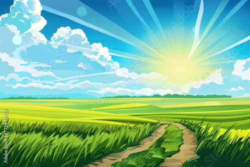 Beautiful summer fields landscape with green hills, road and sun on blue sky. Country rural background. Spring sunny meadow. Cartoon illustration in flat style for banner, wallpaper, card, poster © ratatosk