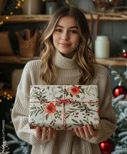 Holiday Portrait  Beautiful Woman with Cozy Turtleneck Jumper Holding Christmas Present