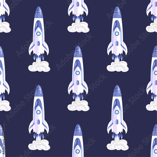 Spaceship rockets seamless pattern, International day of human space flight vector illustration