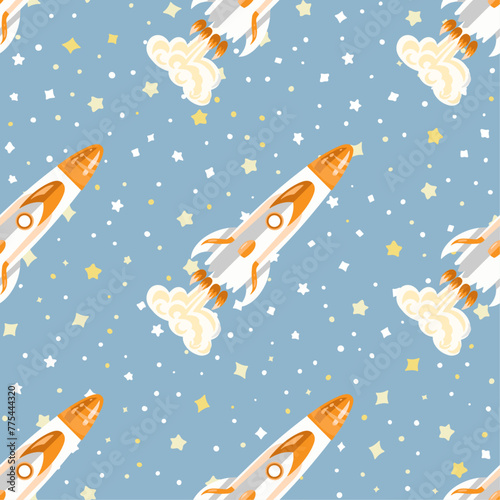 Spaceship rockets seamless pattern, International day of human space flight vector illustration