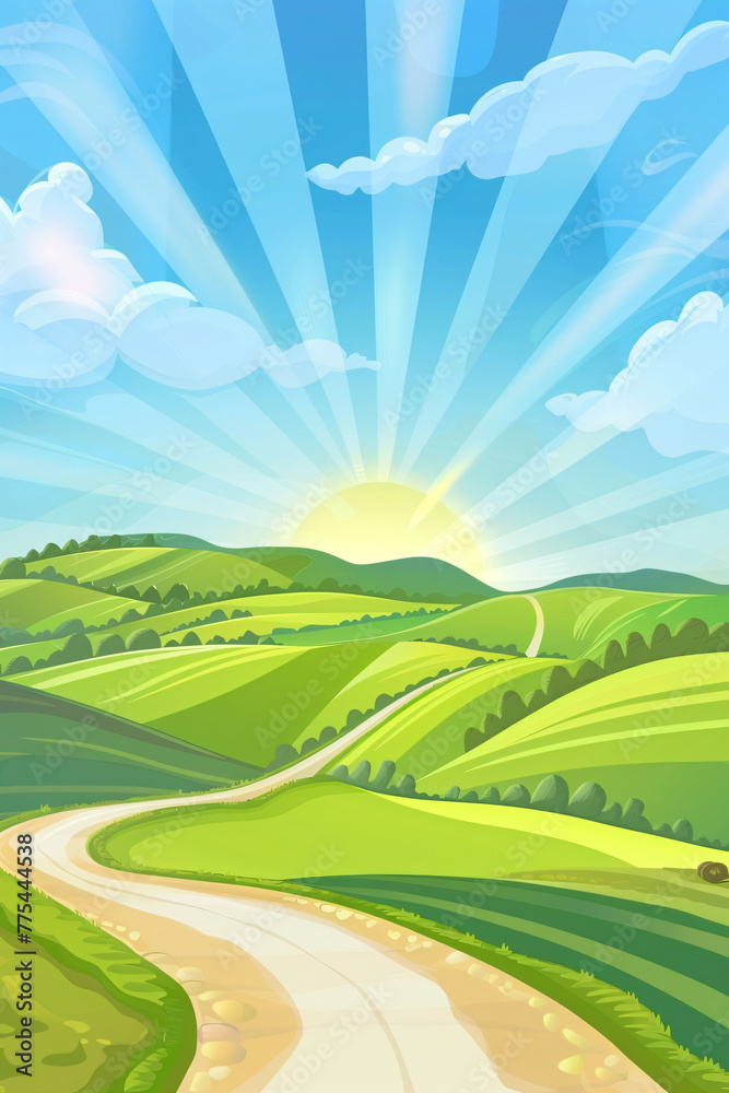 Beautiful summer fields landscape with green hills, road and sun on blue sky. Country rural background. Spring sunny meadow. Cartoon illustration in flat style for banner, wallpaper, card, poster