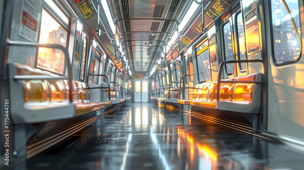 Side perspective of a subway carriage with reflective surfaces in muted lighting