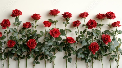  A group of red roses resting atop a white wall alongside an assortment of green foliage