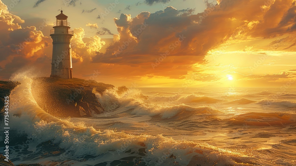 A weathered lighthouse standing guard on a cliff over turbulent seas at sunset