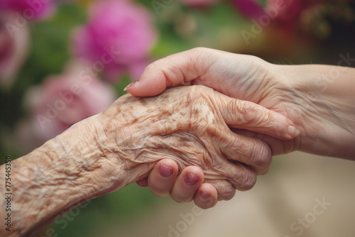 Handshake with an elderly woman, mother's day concept photo