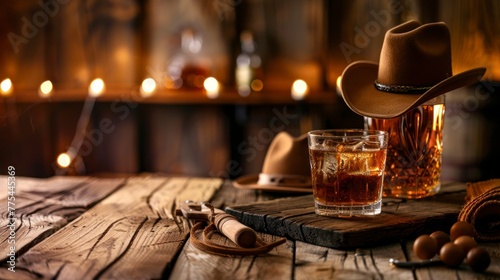 glass with whiskey on a wooden bar counter with a cowboy hat with bottles background
