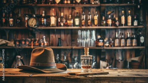 bottle of whiskey in a tavern on the bar and cowboy hat with bottles in high resolution and quality photo