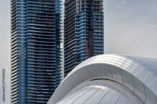 The rooftop of Rogers Center stadium and skyscrapers, Toronto, Canada