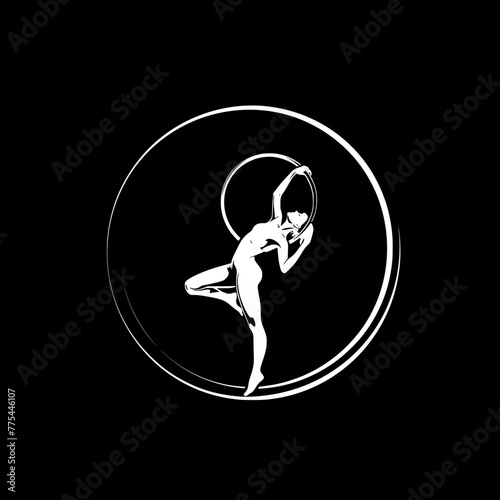 A muscular gymnast performing an aerial ring routine is depicted in a striking white silhouette against a black background, suggesting a minimalist and powerful logo design