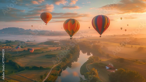 Hot air balloons at dawn, floating over a patchwork of fields and rivers