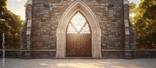 Ancient church facade featuring a robust stone wall alongside a classic wooden door entrance