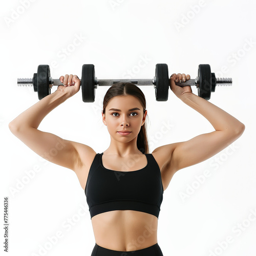 a women, 30 years old, lift dumbbells, white background
