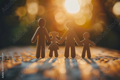 A family of four is shown in silhouette on a wooden table photo