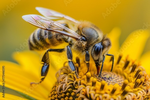 A bee is on a yellow flower