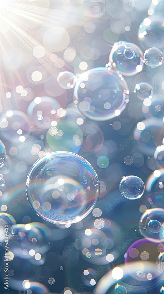 Shimmering water bubbles with bokeh light effects on a blue background
