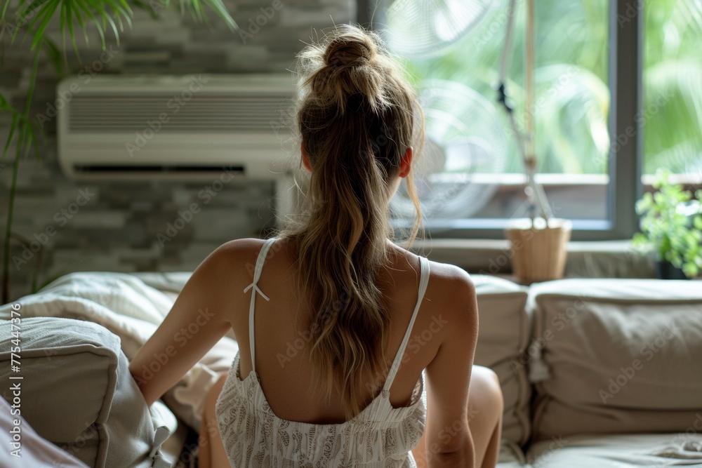 A woman is sitting on a couch with her hair in a bun A woman is sitting on a couch with her hair in a bun