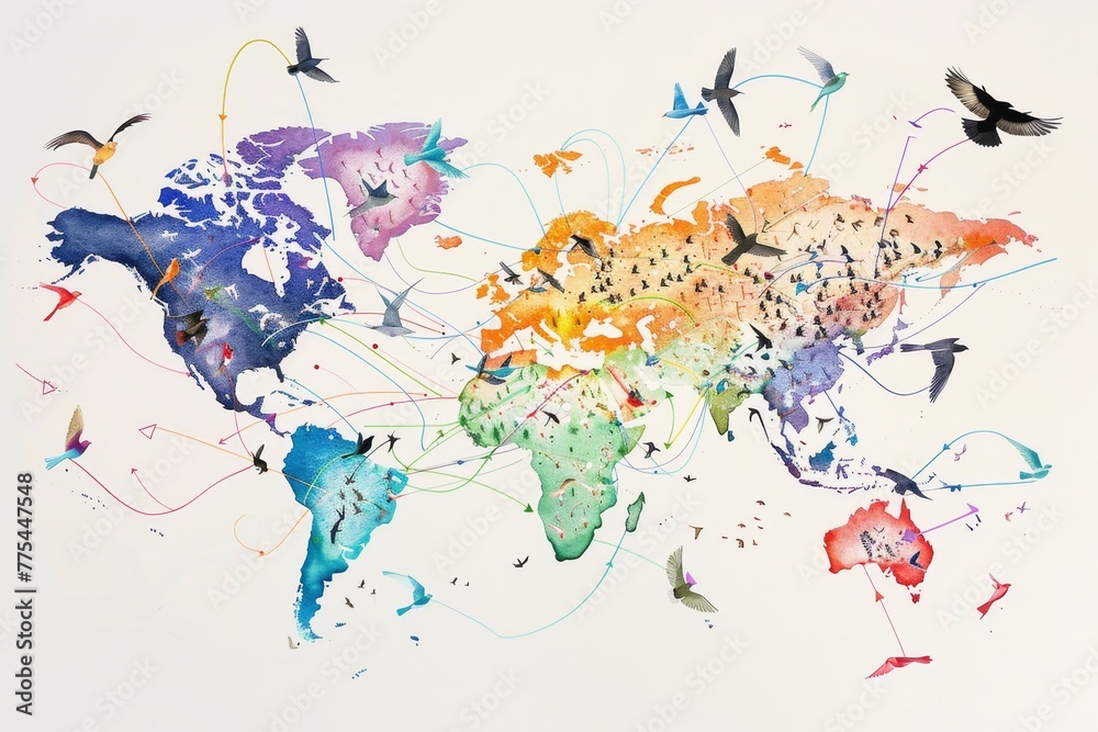 Fototapeta premium Watercolor map of the world showing the migration patterns of different bird species.