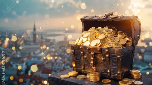 Treasure chest overflowing with gold coins against a blurred cityscape at sunset photo