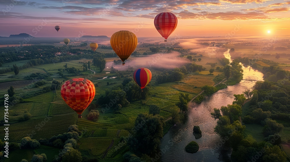Obraz premium Hot air balloons at dawn, floating over a patchwork of fields and rivers
