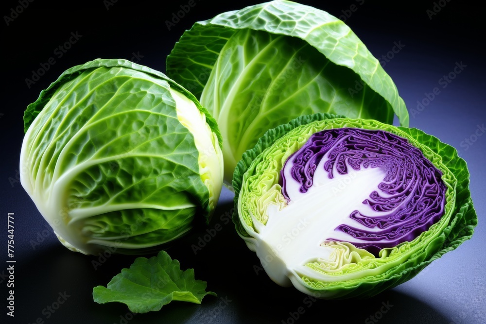 Obraz premium Fresh cabbage against a dark background, close-up shot with shallow depth of field