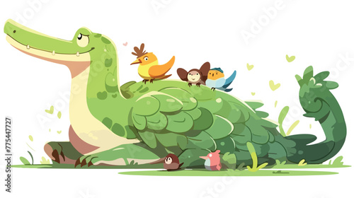 Cute crocodile or alligator and birds cartoon 2d fl