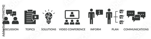 Meeting banner web icon vector illustration for business meeting and discussion with communications, topics, solutions, plan, inform and video conference icon