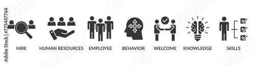 Onboarding banner web icon vector illustration concept for human resources business industry to introduce newly hired employee into an organization with behavior, welcome, knowledge, and skills icon