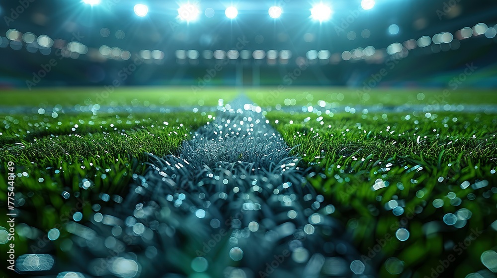 football stadium with lights - grass close up in sports arena - background - generative ai - obrazy, fototapety, plakaty 