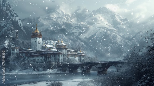 A serene monastery in the mountains during a snowfall, peaceful and isolated