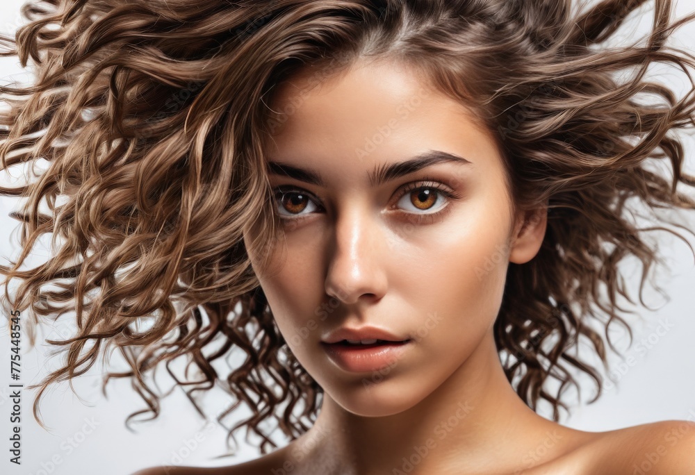 Close-up portrait of dark-haired girl with brown hair on white background Close-up portrait of dark-haired girl with brown hair on white background