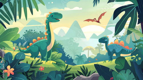 A whimsical dinosaur world with adorable prehistoric creatures and lush greenery, brought to life in a charming cartoon vector illustration © baseer